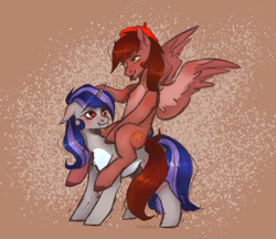 Size: 2468x2136 | Tagged: safe, artist:maslo<3, oc, oc only, oc:autumn rosewood, oc:dreaming star, bat pony, bat pony unicorn, hybrid, pegasus, pony, unicorn, bat pony oc, beret, blushing, chest fluff, crossdressing, duo, eyelashes, hat, high res, horn, male, oc riding oc, pale belly, pegasus oc, ponies riding ponies, red eyes, riding, riding a pony, sitting on person, sitting on pony, spread wings, stallion, tongue out, trap, wings