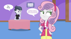 Size: 2468x1368 | Tagged: safe, artist:lunaticdawn, rumble, sweetie belle, human, equestria girls, g4, clothes, duo, duo male and female, equestria girls-ified, female, male, room, ship:rumbelle, shipping, shirt, sitting, speech bubble, straight, table, teenager, text
