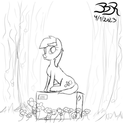 Size: 1000x1000 | Tagged: safe, artist:bifrose, roseluck, earth pony, pony, g4, box, cardboard box, female, forest, mare, simple background, sitting, solo