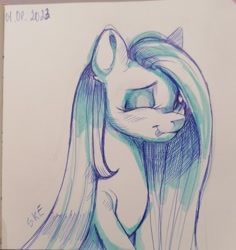 Size: 2039x2160 | Tagged: safe, artist:ske, pony, :p, hair over one eye, high res, looking at you, one eye closed, pen drawing, sketch, smiling, solo, tongue out, traditional art, wink, winking at you