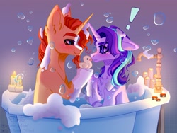 Size: 4000x3000 | Tagged: safe, artist:hell-fire13, starlight glimmer, sunburst, pony, unicorn, g4, bath, bathing together, blushing, bubble, candle, coat markings, duo, exclamation point, facial hair, female, floppy ears, goatee, looking at each other, looking at someone, male, mare, rubber duck, ship:starburst, shipping, socks (coat markings), stallion, straight, suds