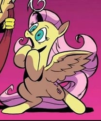 Size: 226x272 | Tagged: safe, idw, fluttershy, pegasus, pony, g4, bipedal, cropped, female, gasp, gradient background, mare, offscreen character, reaction image, solo focus