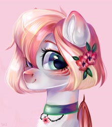 Size: 3438x3894 | Tagged: safe, artist:ske, oc, oc only, bat pony, pony, :3, blushing, choker, ear fluff, flower, flower in hair, hair over one eye, high res, looking at you, smiling, solo