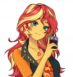 Size: 2098x2193 | Tagged: safe, artist:cottonsweets, sunset shimmer, human, equestria girls, g4, clothes, device, female, high res, jewelry, necklace, pendant, shirt, simple background, smiling, solo, t-shirt, vest, white background