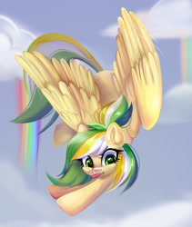 Size: 3461x4096 | Tagged: safe, artist:ske, oc, oc only, pegasus, pony, cloud, flying, rainbow, raspberry, solo, spread wings, tongue out, wings