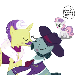 Size: 1000x1000 | Tagged: artist needed, source needed, safe, dandy grandeur, sweetie belle, turner mccolt, earth pony, pony, unicorn, g4, blushing, clothes, couple, eyebrows, eyes closed, female, filly, foal, gay, kiss on the lips, kissing, male, mccolt family, shipping, simple background, stallion, trio, turnergrandeur, white background