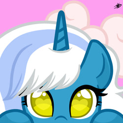 Size: 1000x1000 | Tagged: safe, artist:princessmoonsilver, oc, oc only, oc:fleurbelle, pony, bow, cute, female, hair bow, heart, heart eyes, looking at you, mare, pink background, simple background, solo, wingding eyes, yellow eyes