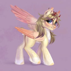 Size: 2000x2000 | Tagged: safe, artist:ske, oc, oc only, pegasus, pony, chest fluff, ear piercing, high res, horns, looking at you, piercing, short tail, smiling, solo, spread wings, tail, wings