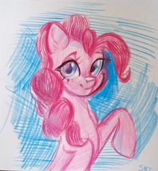 Size: 2006x2160 | Tagged: safe, artist:ske, pinkie pie, earth pony, pony, g4, high res, looking at you, raised hoof, solo, traditional art