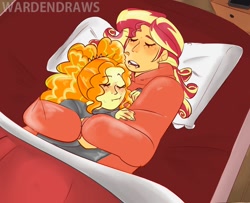 Size: 1166x946 | Tagged: safe, alternate version, artist:wardensballs, adagio dazzle, sunset shimmer, human, equestria girls, g4, cuddling, duo, female, lesbian, ship:sunsagio, shipping, sleeping