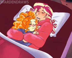 Size: 1166x946 | Tagged: safe, alternate version, artist:wardensballs, adagio dazzle, sunset shimmer, human, equestria girls, g4, cuddling, duo, female, lesbian, ship:sunsagio, shipping, sleeping