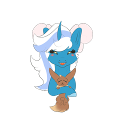 Size: 1494x1396 | Tagged: safe, artist:moonchemistry, oc, oc only, oc:fleurbelle, alicorn, eevee, pony, alicorn oc, blushing, bow, cute, female, hair bow, happy, holding, horn, mare, pokémon, simple background, transparent background, wings