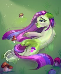 Size: 2500x3000 | Tagged: safe, artist:ske, oc, oc only, earth pony, pony, floppy ears, grass, happy, high res, lying down, mushroom, prone, smiling, solo, underhoof