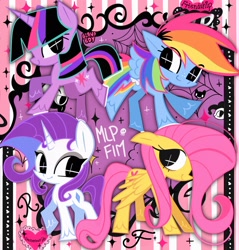 Size: 1960x2048 | Tagged: safe, artist:bland__boy, fluttershy, rainbow dash, rarity, twilight sparkle, pegasus, pony, unicorn, g4, chibi, heart, smiling, spread wings, text, unicorn twilight, wings