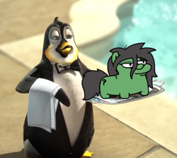 Size: 549x493 | Tagged: safe, artist:fluttershank, oc, oc:anon-mare, bird, penguin, butler, commercial, dole dippers, meme, squatpony, swimming pool, towel