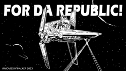 Size: 754x424 | Tagged: safe, artist:movieskywalker, oc, oc only, oc:skywalk shadow, earth pony, pony, robot, animated, earth pony oc, for the republic, gif, laser, male, meme, monochrome, new lunar republic, planet, r4, space, spaceship, speaker, star wars, stars, v wing, vehicle