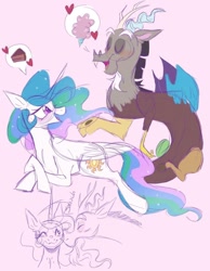 Size: 694x894 | Tagged: safe, artist:sunbutt.worshipper, discord, princess celestia, alicorn, draconequus, pony, g4, cake, cheek kiss, duo, female, food, heart, horn, interspecies, kissing, male, mare, pink background, ship:dislestia, shipping, simple background, sketch, straight, thought bubble
