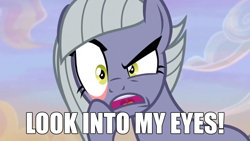Size: 2190x1232 | Tagged: safe, edit, edited screencap, screencap, limestone pie, earth pony, pony, g4, hearthbreakers, caption, eye, eyelid pull, eyes, ghost rider, image macro, looking at you, meme, staring into your soul, text, text edit