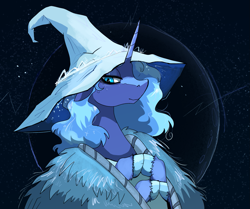 Size: 1417x1187 | Tagged: safe, artist:paskanaakka, derpibooru exclusive, princess luna, alicorn, pony, g4, bust, clothes, colored hooves, elden ring, floppy ears, hat, moon, night, portrait, ranni the witch, robe, solo, stars, unshorn fetlocks, witch hat