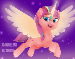Size: 840x660 | Tagged: safe, artist:twiliysa, sunny starscout, alicorn, pony, g5, my little pony: a new generation, female, flying, glowing, glowing horn, horn, mane stripe sunny, mare, race swap, solo, sunnycorn