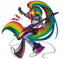 Size: 2048x1918 | Tagged: safe, artist:swagzeta671, rainbow dash, anthro, plantigrade anthro, g4, alternate hairstyle, electric guitar, guitar, looking at you, musical instrument, one eye closed, solo, spiked belt, spiked wristband, wingless, wingless anthro, wristband