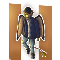 Size: 1846x1846 | Tagged: safe, artist:duckores, oc, oc:pad, griffon, anthro, abstract background, anthro oc, beanie, clothes, denim, griffon oc, hat, hoodie, jacket, jeans, pants, solo, wings