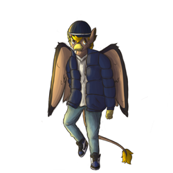 Size: 1846x1846 | Tagged: safe, alternate version, artist:duckores, oc, oc:pad, griffon, anthro, abstract background, anthro oc, beanie, clothes, denim, griffon oc, hat, hoodie, jacket, jeans, pants, simple background, solo, transparent background, wings