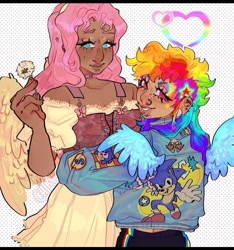 Size: 705x752 | Tagged: safe, artist:chirosys, artist:psii.rockin, fluttershy, rainbow dash, human, g4, dandelion, dark skin, duo, ear piercing, facial piercing, female, humanized, lesbian, lip piercing, male, nose piercing, nose ring, piercing, ship:flutterdash, shipping, sonic the hedgehog, sonic the hedgehog (series), tallershy, winged humanization, wings