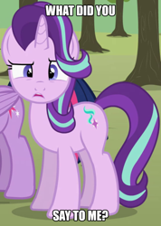 Size: 1028x1440 | Tagged: safe, artist:agrol, edit, edited screencap, screencap, starlight glimmer, twilight sparkle, alicorn, pony, unicorn, change your reality, g4, apple farm, caption, confused, cropped, female, image macro, looking at someone, looking at you, mare, reaction image, solo focus, text, text edit, tree, twilight sparkle (alicorn), wat, wtf face, wut face