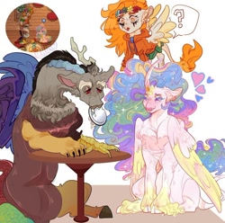 Size: 720x715 | Tagged: safe, artist:chirosys, artist:psii.rockin, discord, princess celestia, oc, alicorn, draconequus, pegasus, pony, pony town, g4, alternate design, curved horn, female, floral head wreath, flower, horn, leonine tail, male, plate, question mark, ship:dislestia, shipping, story in the source, story included, straight, tail, trio