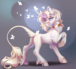 Size: 3895x3500 | Tagged: oc name needed, safe, artist:mithriss, oc, oc only, butterfly, pony, unicorn, concave belly, crystal horn, ear fluff, ear piercing, fluffy, fringe, frog (hoof), high res, hoofbutt, hooves, horn, jewelry, leonine tail, male, piercing, raised leg, ring, simple background, slender, smiling, solo, stallion, tail, thin, underhoof, unshorn fetlocks