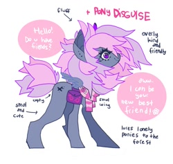 Size: 834x792 | Tagged: safe, artist:cutesykill, oc, oc only, oc:lila-mu, pegasus, pony, bag, clothes, dialogue, ear piercing, earring, flower, jewelry, piercing, purple eyes, saddle bag, scarf, simple background, smiling, solo, spread wings, standing, striped scarf, text, white background, wings