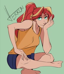 Size: 1900x2197 | Tagged: safe, artist:vtekkon, sunset shimmer, human, equestria girls, g4, bare shoulders, barefoot, feet, female, green background, simple background, sleeveless, solo