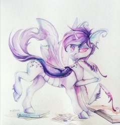 Size: 1660x1733 | Tagged: safe, artist:mithriss, oc, oc only, changeling, hybrid, mantis, pony, book, fangs, horn, insect wings, male, raised tail, shapeshifting, solo, stallion, tail, thoughtful, traditional art, watercolor painting, wings