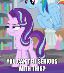 Size: 1272x1440 | Tagged: safe, edit, edited screencap, screencap, rainbow dash, starlight glimmer, pegasus, pony, unicorn, g4, school raze, annoyed, cropped, female, flying, horn, mare, seriously, solo focus, standing, starlight glimmer is not amused, text, text edit, unamused, wings
