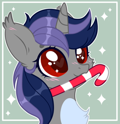 Size: 2634x2720 | Tagged: safe, artist:sarahsuresh-art, oc, oc only, oc:dreaming star, bat pony, bat pony unicorn, hybrid, pony, unicorn, base used, bat pony oc, bust, candy, candy cane, chest fluff, christmas, commission, crossdressing, cute, eyelashes, food, hearts warming day, high res, holiday, horn, male, ocbetes, pale belly, portrait, red eyes, solo, stallion, trap, ych result
