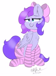 Size: 2521x3433 | Tagged: safe, artist:kbstarflower, oc, oc only, pegasus, pony, bow, clothes, female, hair bow, high res, pegasus oc, simple background, socks, solo, striped socks, white background