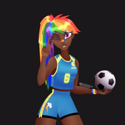 Size: 2048x2048 | Tagged: safe, artist:pleasantlypony, rainbow dash, human, g4, brazil, female, football, high res, humanized, one eye closed, simple background, solo, sports, wink