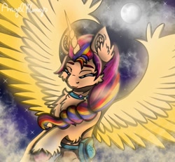 Size: 1023x945 | Tagged: safe, artist:angelwingsmlpfim, sunny starscout, alicorn, pony, g5, eyes closed, flying, full moon, mane stripe sunny, moon, night, race swap, signature, sky, solo, sunnycorn