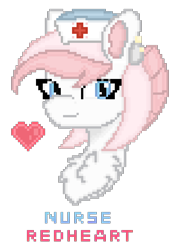 Size: 1080x1441 | Tagged: safe, artist:sodapop sprays, nurse redheart, earth pony, pony, g4, bust, chest fluff, ear piercing, hat, looking at you, piercing, pixel art, simple background, smiling, smiling at you, solo, transparent background