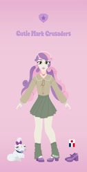 Size: 1036x2048 | Tagged: safe, artist:pleasantlypony, opalescence, sweetie belle, human, g4, female, humanized, pigtails, pink background, simple background, solo, twintails