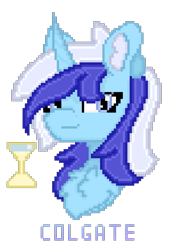 Size: 1067x1424 | Tagged: safe, artist:sodapop sprays, minuette, earth pony, pony, g4, chest fluff, curved horn, female, horn, hourglass, looking at you, mare, pixel art, simple background, smiling, smiling at you, solo, transparent background