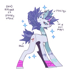 Size: 964x964 | Tagged: safe, artist:cutesykill, oc, oc only, oc:kalyna, pony, unicorn, bandage, bandaid, bandaid on nose, beanbrows, blood, cheek fluff, ear fluff, ear piercing, earring, eyebrows, hair bun, jewelry, knife, lip piercing, not rarity, piercing, short tail, simple background, snake bites, solo, sparkles, tail, tattoo, text, white background