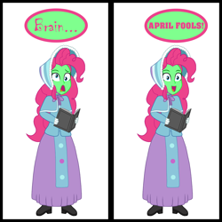 Size: 2000x2000 | Tagged: safe, artist:cartoonmasterv3, pinkie pie, human, equestria girls, g4, april fools, april fools 2023, clothes, comic, dress, high res, long dress, long skirt, simple background, skirt, solo, victorian, victorian dress, white background