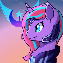 Size: 500x500 | Tagged: safe, artist:morrigun, oc, bat pony, pony, unicorn, armor, chest fluff, closed mouth, ear fluff, eyes open, fangs, female, horn, looking to the left, mare, new lunar republic, profile, signature, solo, sunset