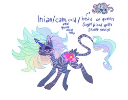 Size: 1178x924 | Tagged: safe, alternate version, artist:cutesykill, oc, oc only, oc:inian, hybrid, pony, unicorn, zony, alternate cutie mark, bat wings, beanbrows, bracelet, choker, colored horn, ear piercing, earring, eyebrows, horn, horns, jewelry, leonine tail, lidded eyes, looking at you, looking back, looking back at you, magenta eyes, necklace, piercing, sharp teeth, simple background, solo, stripes, tail, teeth, text, unicorn oc, white background, wings, zony oc