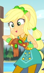 Size: 476x792 | Tagged: safe, screencap, applejack, equestria girls, g4, cropped, crystal guardian, female, leaning, ponied up, sky, smiling, solo