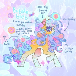 Size: 850x850 | Tagged: safe, artist:cutesykill, oc, oc only, oc:bubble bleb, pony, unicorn, body freckles, body markings, bow, candy, donut, facial markings, food, freckles, hair bow, heart, raised hoof, reference sheet, smiling, solo, sparkles, speech bubble, sprinkles, stars, tail, tail bow