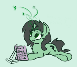 Size: 1255x1095 | Tagged: artist needed, safe, oc, oc only, oc:filly anon, pony, unicorn, book, chest fluff, female, filly, foal, green background, lying down, magic, ponybooru import, prone, simple background, solo
