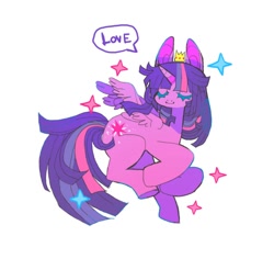 Size: 736x724 | Tagged: safe, alternate version, artist:cutesykill, twilight sparkle, alicorn, pony, g4, colored eyelashes, crown, curled up, eyes closed, female, jewelry, regalia, simple background, smiling, solo, sparkles, speech bubble, spread wings, text, twilight sparkle (alicorn), white background, wings
